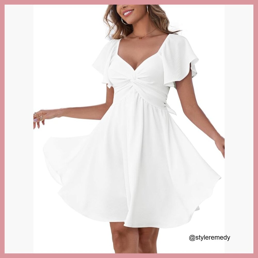 Sweetheart Knot Front Flutter Sleeve Tie Back A-Line Chiffon Mini Dress